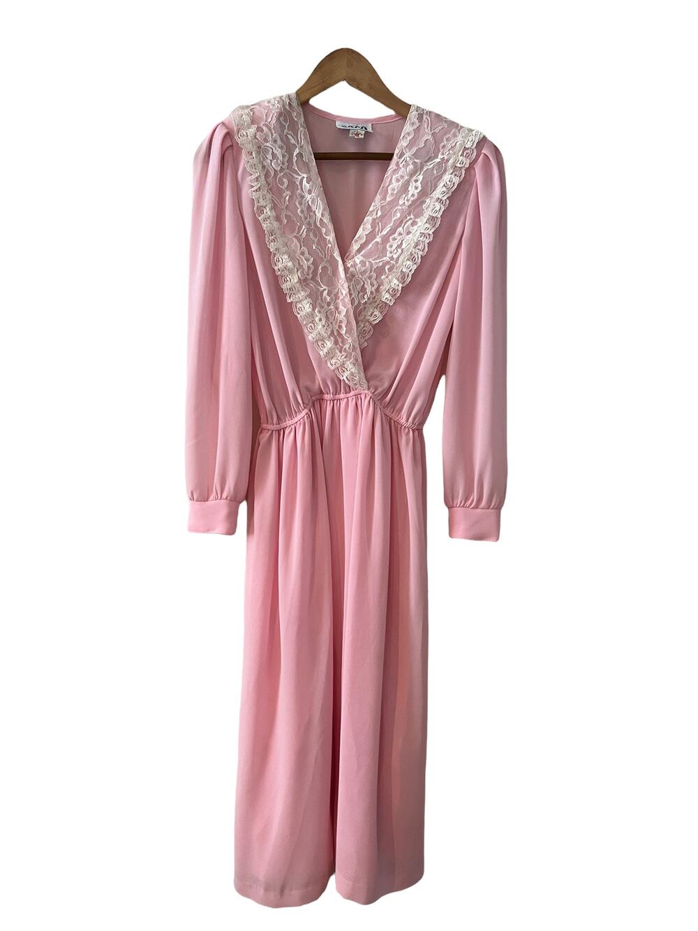 Vintage 70s Coco California Lace Collar Long Sleeve Dress Pink